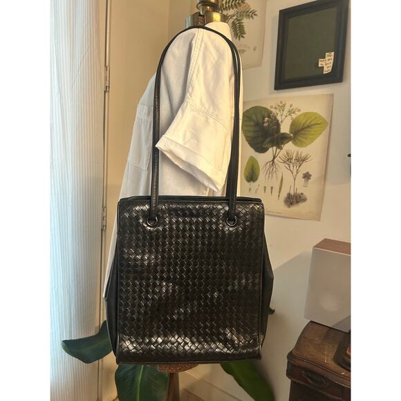 Enzo Angiolini Handbags - Enzo Angiolini Black Woven Leather Tote Bag Intrecciato Style Shoulder Purse